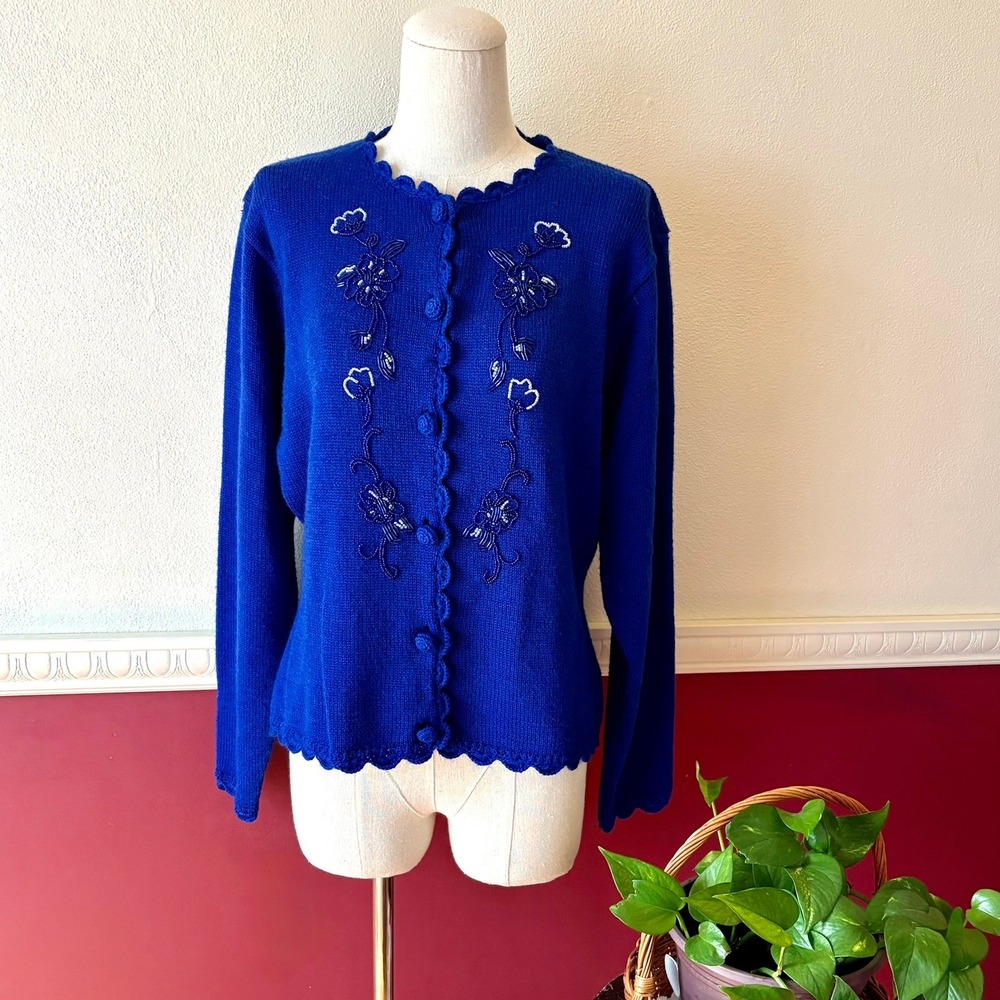 Vintage Koret Royal Blue Beaded Cardigan L Scalloped Wool Blend Sweater Retro